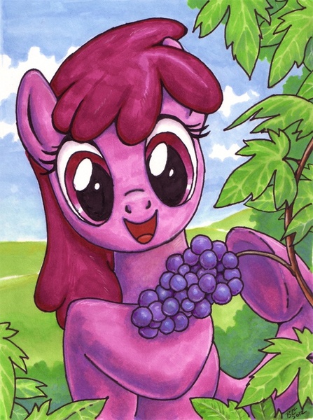 Size: 604x811 | Tagged: safe, artist:choedan-kal, derpibooru import, berry punch, berryshine, earth pony, pony, berrybetes, bush, cute, female, grapes, image, jpeg, mare, open mouth, open smile, outdoors, traditional art