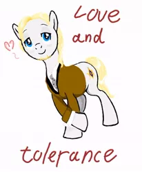 Size: 604x733 | Tagged: safe, artist:mtuziak, derpibooru import, ponified, earth pony, pony, anders behring breivik, blonde hair, blushing, clothes, crossed hooves, facial hair, goatee, heart, lidded eyes, looking at you, love and tolerate, male, necktie, shirt, simple background, smiling, stallion, text, white background