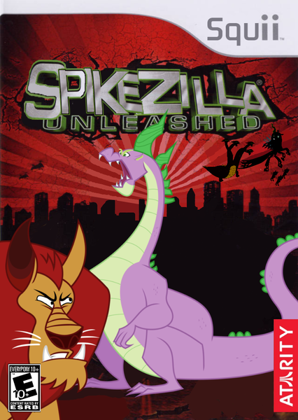 Size: 710x1000 | Tagged: adult spike, artist:nickyv917, box art, derpibooru import, game cover, godzilla (series), godzilla unleashed, hydra, manny roar, manticore, multiple heads, older, parody, queen chrysalis, safe, spikezilla, video game, wii