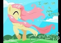 Size: 1000x700 | Tagged: safe, artist:steviewunderz, derpibooru import, fluttershy, pegasus, pony, cloud, eyes closed, female, folded wings, grass, mare, open mouth, raised hooves, signature, sky, smiling, solo, text, wings