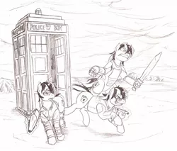 Size: 1182x1006 | Tagged: artist:mistermech, crossover, cyborg, derpibooru import, doctor who, fallout equestria, fallout equestria: project horizons, monochrome, multeity, oc, oc:blackjack, safe, tardis, traditional art