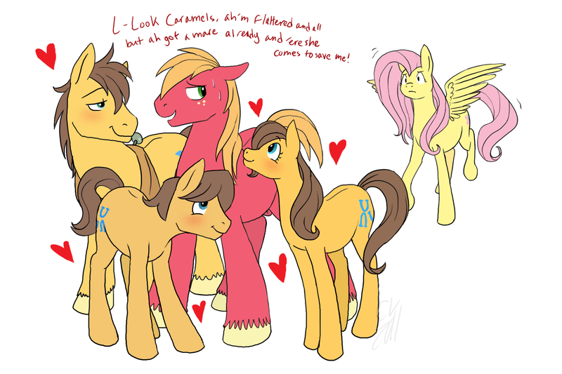 Size: 1800x1200 | Tagged: questionable, artist:cartoonlion, derpibooru import, big macintosh, caramel, chance-a-lot, creme brulee, fluttershy, toffee, earth pony, pegasus, pony, accessory swap, big macintosh gets all the mares, blushing, fluttermac, gay, heart, male, missing accessory, multeity, nudity, sheath, shipping, siblings, simple background, spread wings, stallion, straight, white background