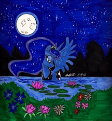 Size: 1618x1747 | Tagged: safe, artist:newyorkx3, derpibooru import, princess luna, alicorn, duck pony, pony, female, flower, forest, full moon, lidded eyes, mare, moon, night, pond, sky, solo, spread wings, stars, swanluna, swimming, traditional art, wading, water, wings