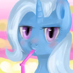 Size: 800x800 | Tagged: artist:marinakirby, blushing, derpibooru import, drink, safe, serious face, trixie