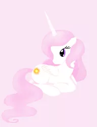 Size: 459x600 | Tagged: dead source, safe, artist:delanoinferno15, derpibooru import, princess celestia, alicorn, pony, cute, cutelestia, female, long horn, looking back, mare, missing accessory, pink background, pink mane, pink-mane celestia, prone, simple background, solo, younger