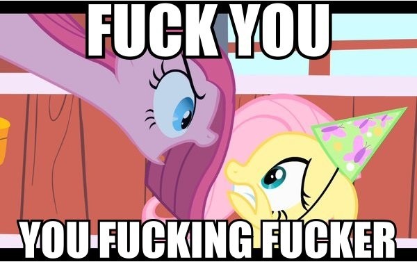 Size: 600x377 | Tagged: caption, derpibooru import, edit, edited screencap, fluttershy, hat, image macro, party hat, party of one, pinkamena diane pie, pinkie pie, reaction image, safe, screencap, vulgar