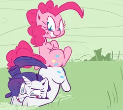 Size: 980x875 | Tagged: artist:tess, butt bump, butt to butt, butt touch, derpibooru import, face down ass up, female, grin, gritted teeth, lesbian, pinkie pie, plot, raripie, rarity, safe, shipping, sitting, smiling, wide eyes