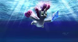 Size: 1200x652 | Tagged: safe, artist:tsitra360, derpibooru import, sweetie belle, ponified, pony, unicorn, album cover, female, filly, nevermind, nirvana, open mouth, ponified album cover, signature, solo, underwater