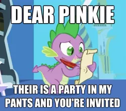 Size: 433x383 | Tagged: suggestive, derpibooru import, edit, edited screencap, screencap, spike, dragon, friendship is magic, caption, grammar error, image macro, letter, male, quill, spike's love letters, tongue out