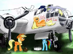 Size: 1225x918 | Tagged: suggestive, artist:madhotaru, derpibooru import, applejack, derpy hooves, rainbow dash, earth pony, pegasus, pony, fanfic, aircraft, appledash, applejack is not amused, applejack's hat, b-25, b-25 mitchell, bedroom eyes, bomber, cowboy hat, decal, female, hat, looking at you, looking back, mare, nose art, pinup, plane, plot, shipping, stetson, sunbathing, sunglasses, toolbox, unamused