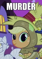 Size: 475x665 | Tagged: applejack, clothes, costume, cropped, derpibooru import, dissonant caption, edit, edited screencap, image macro, looking at you, luna eclipsed, murder, nightmare night, nightmare night costume, one word, safe, scarecrow, screencap, smiling, solo focus, text