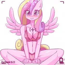 Size: 800x800 | Tagged: ambiguous facial structure, anthro, artist:skykain, bra, breasts, clothes, derpibooru import, female, panties, princess cadance, solo, solo female, suggestive, underwear, wingboner