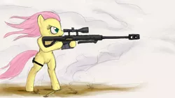 Size: 1920x1080 | Tagged: safe, artist:tunskaa, derpibooru import, fluttershy, pegasus, pony, aiming, barrett, bipedal, female, flutterbadass, gun, hooves, mare, optical sight, rifle, shooting, sniper, sniper rifle, snipershy, solo, weapon, wings