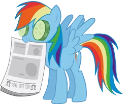 Size: 3670x3006 | Tagged: safe, artist:marker, derpibooru import, rainbow dash, pegasus, pony, biting, cucumber, eyes closed, female, high res, holding, mare, newspaper, simple background, solo, transparent background, vector