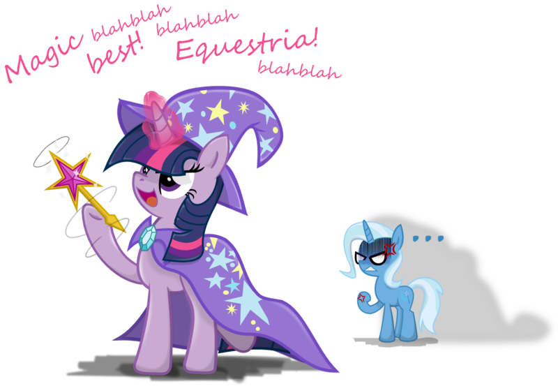 Size: 1485x1027 | Tagged: safe, artist:archonitianicsmasher, derpibooru import, trixie, twilight sparkle, pony, unicorn, angry, cape, clothes, duo, hat, imitation, the great and powerful twilight, trixie's cape, trixie's hat, unicorn twilight, wand