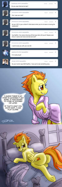 Size: 1280x3819 | Tagged: artist:pluckyninja, ask, bed, bedroom eyes, clothes, comic, derpibooru import, plot, robe, solo, spitfire, stupid sexy spitfire, suggestive, tumblr, tumblr:sexy spitfire