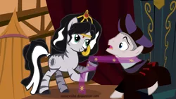 Size: 5277x2968 | Tagged: artist:misteraibo, clothes, derpibooru import, disney, esmeralda, frollo, hunchback of notre dame, ponified, safe, scarf, seduction, teasing, zebra