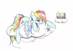 Size: 2034x1414 | Tagged: safe, artist:philo5, derpibooru import, rainbow dash, pegasus, pony, alarm clock, clock, cloud, drowsy, female, frown, laying on cloud, lazy, mare, messy mane, multicolored mane, multicolored tail, one eye closed, solo, spread wings, traditional art