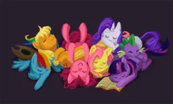 Size: 1000x603 | Tagged: safe, artist:dishface, derpibooru import, applejack, fluttershy, pinkie pie, rainbow dash, rarity, spike, twilight sparkle, dragon, earth pony, pegasus, pony, unicorn, cute, dashabetes, diapinkes, eyes closed, female, jackabetes, male, mane seven, mare, prone, raribetes, sleep pile, sleeping, spikabetes, twiabetes, unicorn twilight