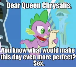 Size: 436x386 | Tagged: suggestive, derpibooru import, edit, edited screencap, screencap, queen chrysalis, spike, dragon, friendship is magic, caption, chryspike, letter, male, meme, quill, spike's love letters, tongue out