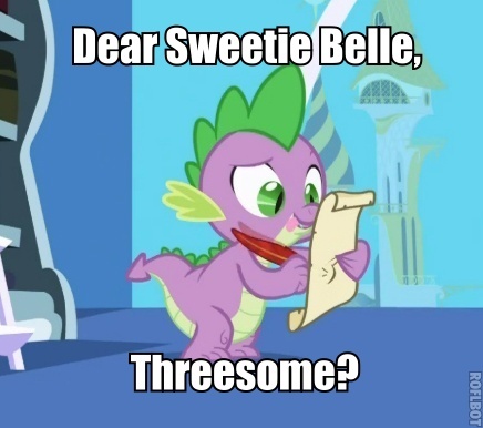 Size: 436x386 | Tagged: suggestive, derpibooru import, edit, edited screencap, screencap, spike, sweetie belle, dragon, friendship is magic, caption, image macro, implied group sex, implied rarity, implied sex, implied threesome, letter, male, palindrome get, quill, spike's love letters, tongue out