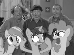 Size: 640x480 | Tagged: safe, artist:kuren247, derpibooru import, pinkie pie, rainbow dash, twilight sparkle, pony, crossover, curly howard, larry fine, moe howard, photo, the three stooges