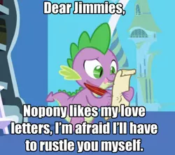 Size: 436x386 | Tagged: suggestive, derpibooru import, edit, edited screencap, screencap, spike, dragon, friendship is magic, caption, image macro, letter, male, meme, quill, rustled my jimmies, spike's love letters, tongue out