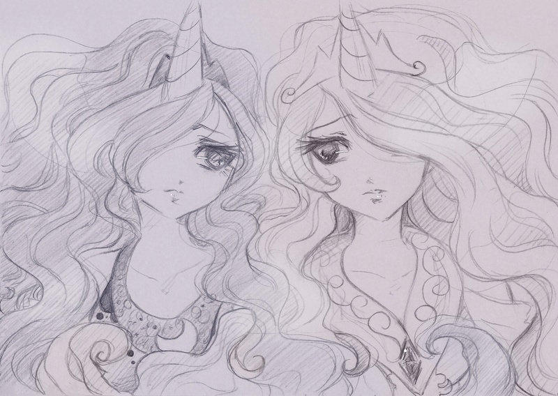 Size: 2323x1650 | Tagged: artist:kiiro-soleil, derpibooru import, horned humanization, humanized, monochrome, princess celestia, princess luna, safe, sketch, traditional art