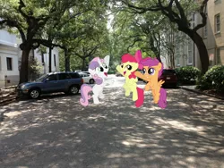 Size: 3264x2448 | Tagged: safe, artist:serindo, derpibooru import, apple bloom, scootaloo, sweetie belle, pony, cutie mark crusaders, high res, irl, jumping, photo, ponies in real life, street, vector