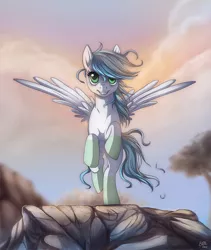 Size: 798x946 | Tagged: dead source, safe, artist:ruhje, derpibooru import, oc, unofficial characters only, pegasus, pony, cloud, female, looking up, mare, rock, running, socks (coat marking), solo, spread wings, taking off, wings