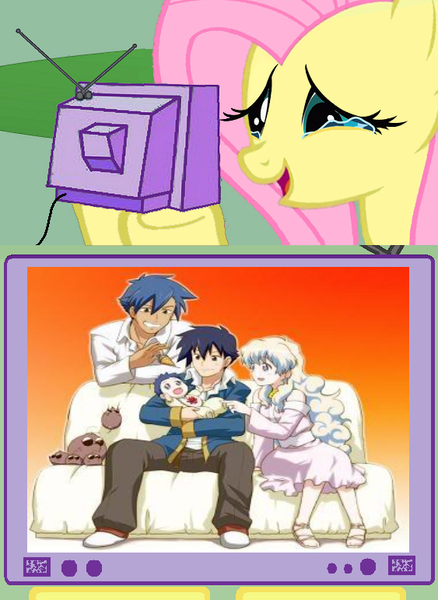 Size: 563x771 | Tagged: artist needed, source needed, safe, derpibooru import, fluttershy, pony, blatant lies, denial, exploitable meme, happy ending, kamina, meme, nia teppelin, simon, tengen toppa gurren lagann, tv meme