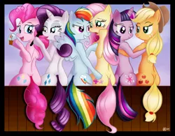 Size: 800x625 | Tagged: suggestive, artist:dcencia, derpibooru import, applejack, fluttershy, pinkie pie, rainbow dash, rarity, twilight sparkle, anthro, ass, female, females only, flutterbutt, flutterdash, lesbian, line-up, mane six, mane six plots, raripie, shipping, skinny, twijack