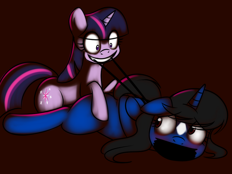 Size: 900x675 | Tagged: artist:kloudmutt, bondage, derpibooru import, gag, oc, oc:klodette, questionable, rape, semi-grimdark, tape gag, twilight snapple, twilight sparkle