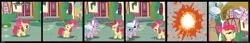 Size: 4400x760 | Tagged: safe, artist:ivanpqwerty, derpibooru import, apple bloom, diamond tiara, silver spoon, applebuse, comic, dialogue, dynamite, present