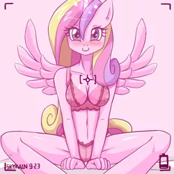 Size: 800x800 | Tagged: alicorn, ambiguous facial structure, anthro, artist:skykain, blushing, bra, breasts, clothes, derpibooru import, female, panties, princess cadance, solo, suggestive, underwear, wingboner