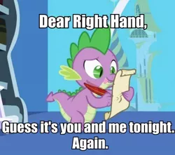 Size: 436x386 | Tagged: suggestive, derpibooru import, edit, edited screencap, screencap, spike, dragon, friendship is magic, caption, implied masturbation, letter, male, meme, quill, spike's love letters, tongue out