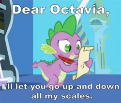 Size: 510x432 | Tagged: suggestive, derpibooru import, edit, edited screencap, screencap, dragon, friendship is magic, caption, image macro, letter, male, quill, spike's love letters, tongue out