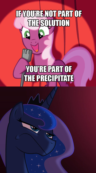 Size: 600x1080 | Tagged: cheerilee, cheerilee pun, chemistry joke, derpibooru import, exploitable meme, frown, luna is not amused, meme, princess luna, safe, science joke, stand-up comedy, tough critic luna, unamused