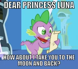 Size: 436x386 | Tagged: suggestive, derpibooru import, edit, edited screencap, screencap, spike, dragon, friendship is magic, caption, image macro, letter, male, quill, spike's love letters, tongue out