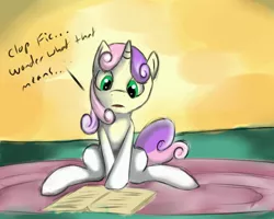Size: 3000x2400 | Tagged: suggestive, artist:72-hours-remain, derpibooru import, sweetie belle, pony, unicorn, clopfic, female, high res, innocent, naive sweetie belle, naivete of youth, reading, solo, this will end in tears