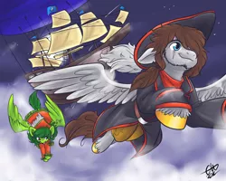 Size: 1280x1024 | Tagged: safe, artist:fizzy-dog, derpibooru import, oc, unofficial characters only, pegasus, pony, airship, clothes, dress, flying, flying ship, hat, pirate, scar, ship, unshorn fetlocks