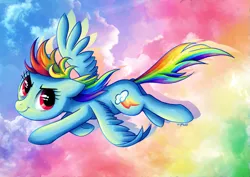 Size: 931x658 | Tagged: artist:c-puff, colorful, derpibooru import, flying, rainbow dash, safe, sky, solo