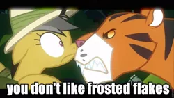Size: 960x540 | Tagged: safe, derpibooru import, screencap, daring do, big cat, cat, pony, tiger, ahuizotl's cats, angry, animal, boop, caption, female, frosted flakes, image macro, mare, nose wrinkle, noseboop, snarling, startled, tony the tiger, wide eyes