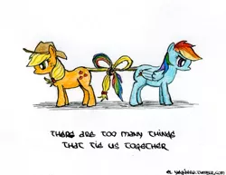 Size: 500x385 | Tagged: safe, artist:el-yeguero, derpibooru import, applejack, rainbow dash, earth pony, pegasus, pony, appledash, butt to butt, female, knot, lesbian, multicolored hair, shipping, simple background, tail tied, together forever, upset, white background