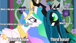 Size: 962x540 | Tagged: abbott and costello, caption, derpibooru import, image macro, princess celestia, queen chrysalis, safe, who's on first?