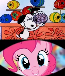 Size: 637x749 | Tagged: safe, derpibooru import, pinkie pie, beagle, dog, earth pony, pony, easter, easter egg, looking through, peanuts, snoopy