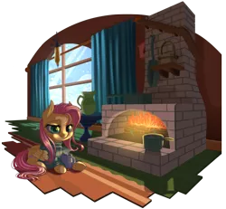 Size: 1150x1063 | Tagged: safe, artist:kittehkatbar, derpibooru import, fluttershy, pegasus, pony, bottomless, clothes, drink, fire, fireplace, frying pan, hot chocolate, pan, partial nudity, simple background, snow, solo, sweater, sweatershy, transparent background