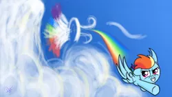 Size: 1920x1080 | Tagged: safe, artist:twilightsquare, derpibooru import, rainbow dash, pegasus, pony, cloud, female, filly, filly rainbow dash, flying, open mouth, sky, smiling, solo, sonic rainboom, spread wings, wings, younger