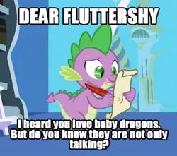 Size: 436x386 | Tagged: suggestive, derpibooru import, edit, edited screencap, screencap, fluttershy, spike, dragon, friendship is magic, caption, engrish, letter, male, meme, quill, spike's love letters, tongue out