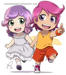 Size: 658x743 | Tagged: artist:hazurasinner, chibi, clothes, cute, cutealoo, derpibooru import, diasweetes, dress, humanized, safe, scootaloo, shoes, sneakers, sweetie belle